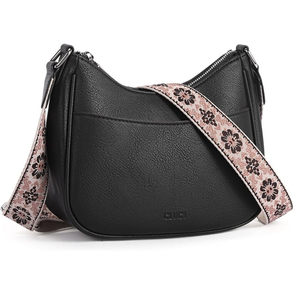 ✨Women's Black Crossbody Vegan Leather Shoulder Handbag with Wide Strap Purses